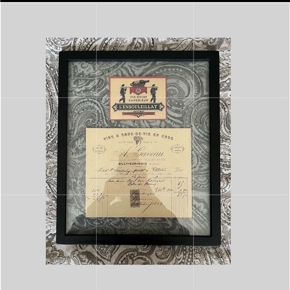 Vintage Framed French Wine Label & 1899 Receipt